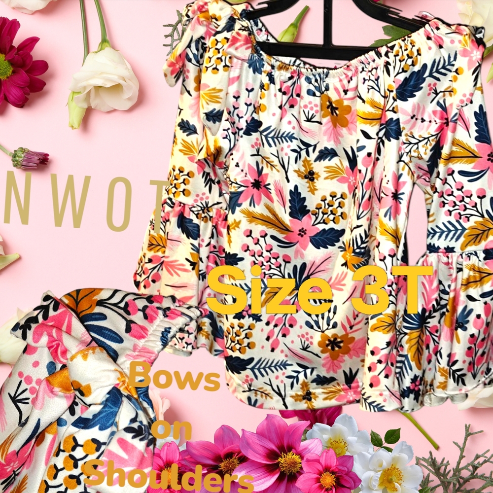 NWOT Colorful Floral Long Bell Sleeved, Off The Shoulder (Bows On Bo